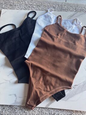 Ribbed Square-Neck Tank Bodysuit - Brown, White, Black